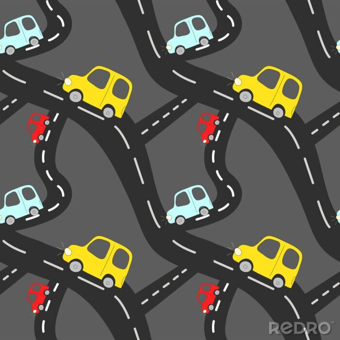 Papier peint à motif  Cartoon seamless vector pattern with cute drawing car element on road on dark grey background.