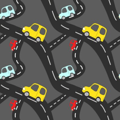Papier peint à motif  Cartoon seamless vector pattern with cute drawing car element on road on dark grey background.