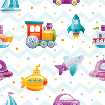 Papier peint à motif  Cartoon toy transport seamless pattern. Cute 3d boy boat, car, airplane, submarine, sail ship, train, rocket, wallpaper design. Fun vector illustration isolated on zig zag polka dot drawn background