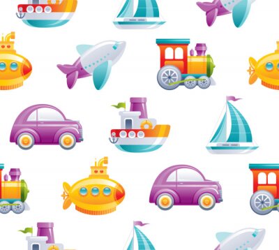Papier peint à motif  Cartoon toy transport seamless pattern. Cute 3d boy style. Boat, car, airplane, yellow submarine, sail ship, train, rocket wallpaper design. Flat vector illustration isolated on white background.