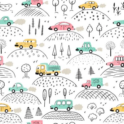 Papier peint à motif  Cartoon Transportation Background for Kids. Vector Seamless Pattern with doodle Toy Cars and Nature with Hills and Trees