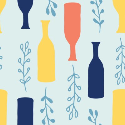 Papier peint à motif  Cartoon vases, ferns seamless  pattern in pale turquoise with vibrant yellow, navy blue and coral. Great for gift wrapping paper, textiles and home decor. Spring and summer, fresh and natural.
