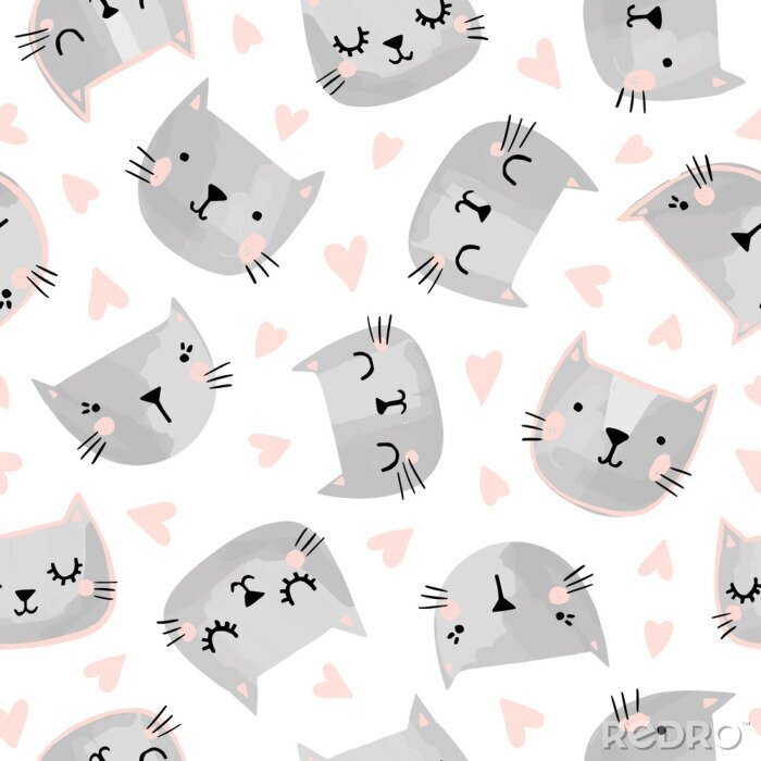 Papier peint à motif  Cats seamless vector pattern with hearts. Cute hand drawn kitten faces. Valentines day.