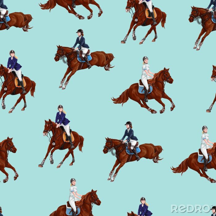 Papier peint à motif  Cavaliers à cheval sur fond bleu