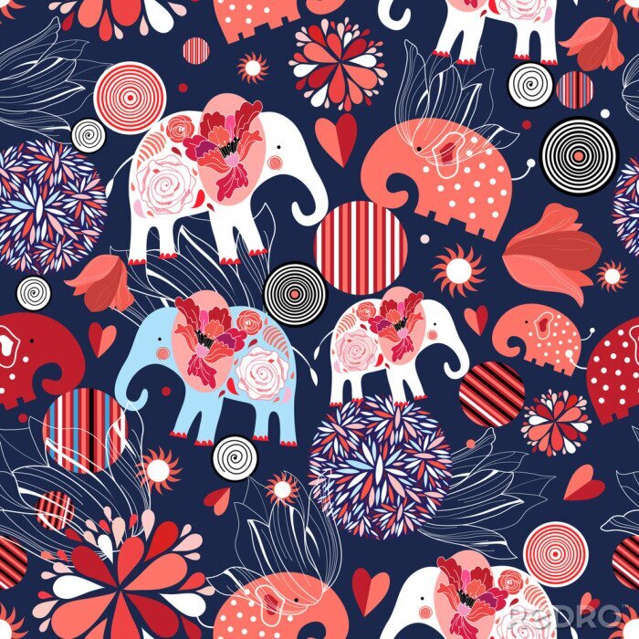 Papier peint à motif  Cercle éléphants et fleurs dans les tons de rouge