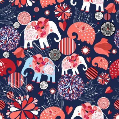 Papier peint à motif  Cercle éléphants et fleurs dans les tons de rouge