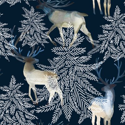 Papier peint à motif  Cerf aquarelle dans la forêt d'hiver