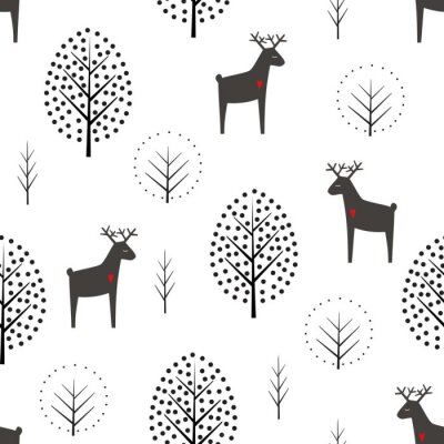 Papier peint à motif  Cerf et arbres modèle sans couture sur fond blanc. Illustration vectorielle de forêt décorative. Fond de nature mignon animaux sauvages. Design de style scandinave pour le textile, le papier peint, le