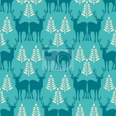 Papier peint à motif  Cerf parmi les arbres sur fond bleu