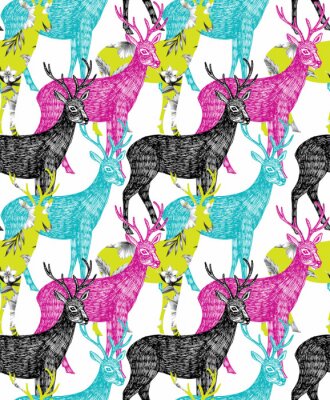 Papier peint à motif  cerfs dessiné à la main fond transparent
