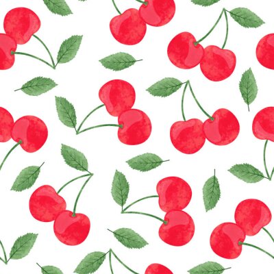 Papier peint à motif  Cerises rouges et feuilles vertes
