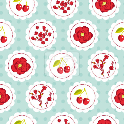 Papier peint à motif  Cerises rouges et fleurs sur fond bleu