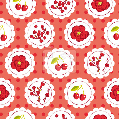 Papier peint à motif  Cerises rouges et fleurs sur fond rose à pois