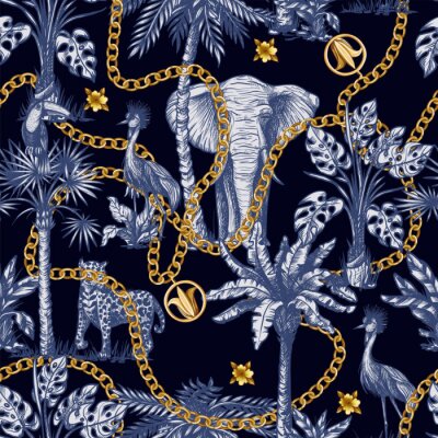 Papier peint à motif  Chaînes dorées et éléphants des tropiques
