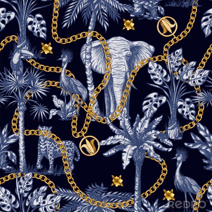 Papier peint à motif  Chaînes dorées et éléphants des tropiques