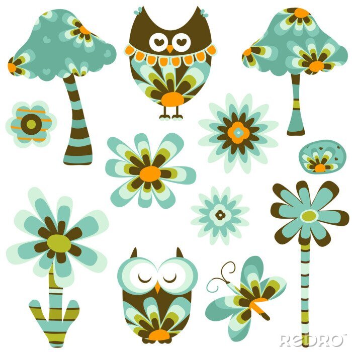 Papier peint à motif  Champignons et fleurs de hibou brun et bleu