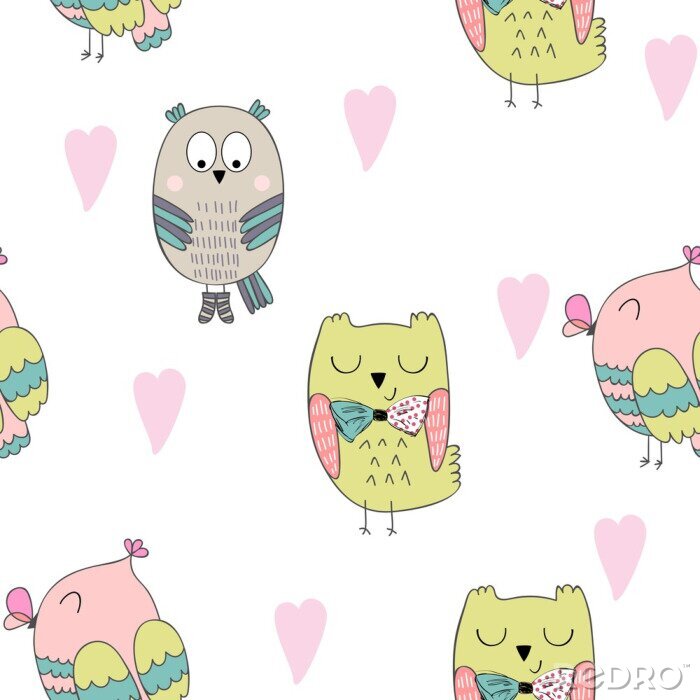 Papier peint à motif  Charmants hiboux avec des cœurs