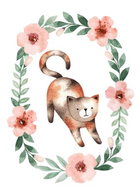 Sticker  Chaton et une couronne de fleurs