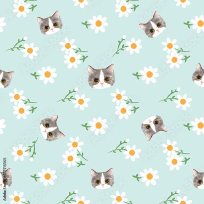 Papier peint à motif  Chatons dans un champ de marguerites