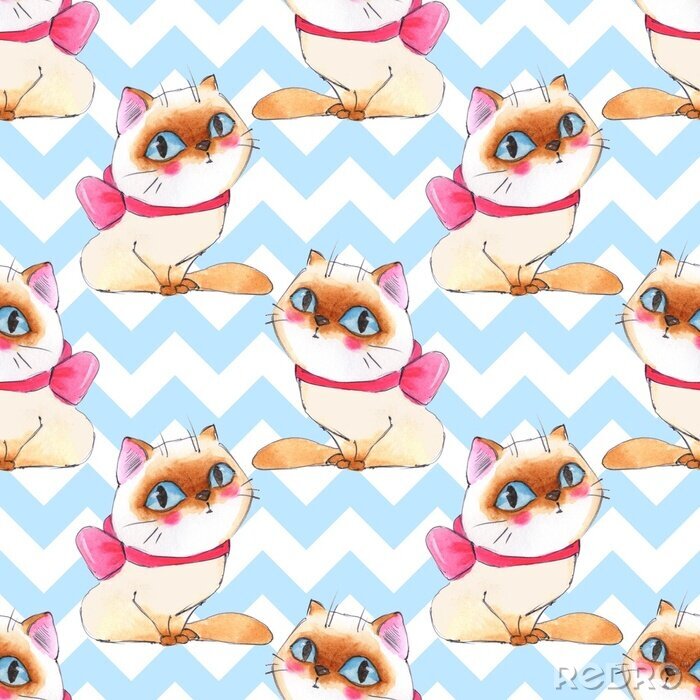 Papier peint à motif  Chats avec des nœuds version aquarelle