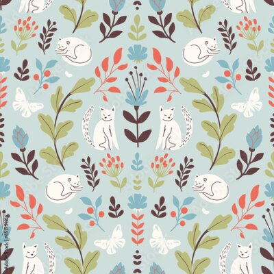 Papier peint à motif  Chats blancs sur un pré fleuri