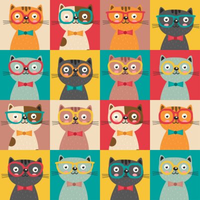 Papier peint à motif  Chats colorés avec des lunettes et des nœuds papillon