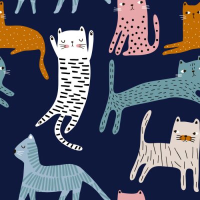 Papier peint à motif  Chats colorés illustrés sur fond bleu marine