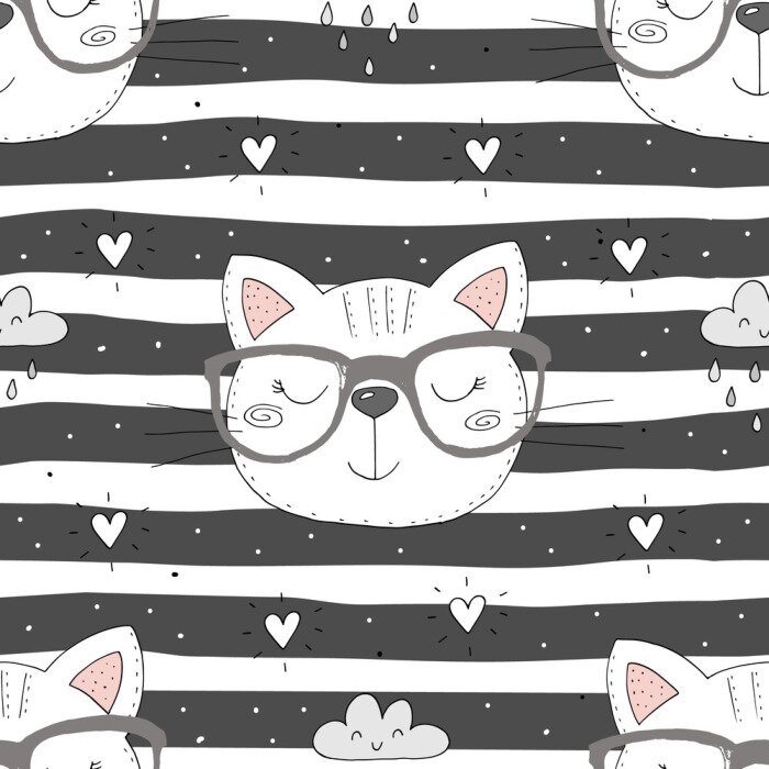 Papier peint à motif  Chats, nuages et cœurs