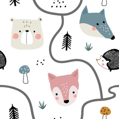 Chemins forestiers avec des renards, des petits ours et des hérissons