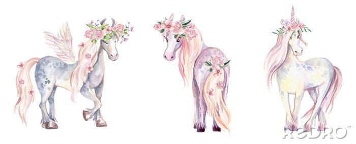 Papier peint à motif  Cheval licorne et pégase décorés de fleurs