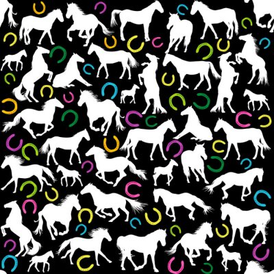 Papier peint à motif  Chevaux blancs et fers à cheval colorés