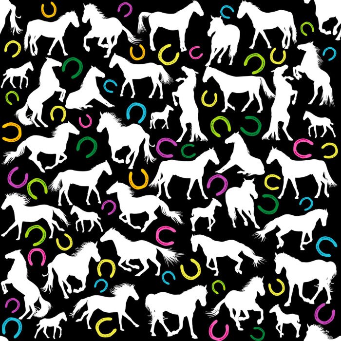 Papier peint à motif  Chevaux blancs et fers à cheval colorés