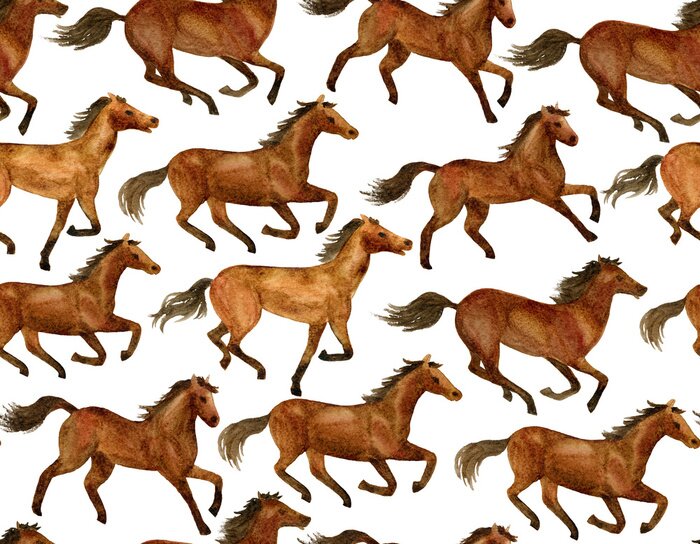 Papier peint à motif  Chevaux bruns peints à l'aquarelle