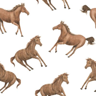 Papier peint à motif  Chevaux bruns sur fond blanc