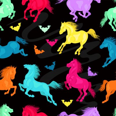 Papier peint à motif  Chevaux colorés et coeurs sur les ailes