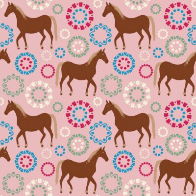 Papier peint à motif  Chevaux et éléments colorés sur fond rose