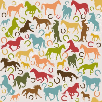 Papier peint à motif  Chevaux et fers à cheval colorés