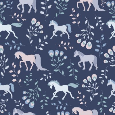 Papier peint à motif  Chevaux et fleurs dans les tons de bleu