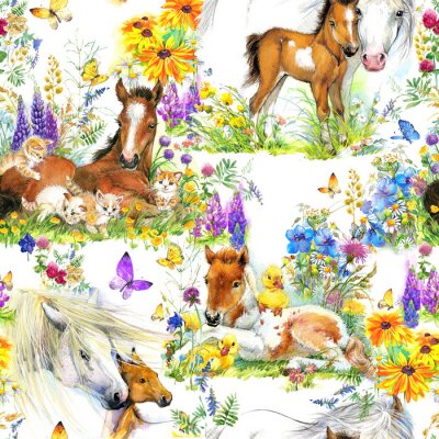 Papier peint à motif  Chevaux et poulains en fleurs pastel