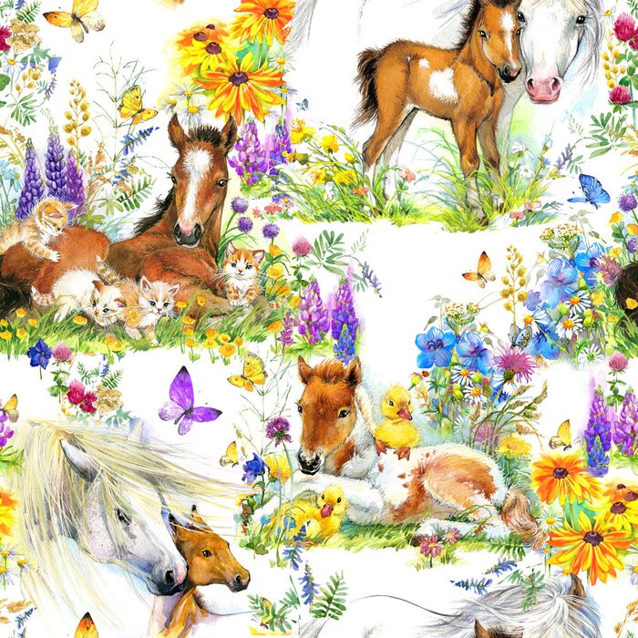 Papier peint à motif  Chevaux et poulains en fleurs pastel