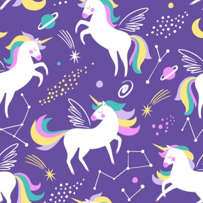 Papier peint à motif  Chevaux graphiques licornes étoiles et lunes