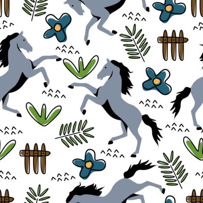 Papier peint à motif  Chevaux gris fleurs bleues et palissade
