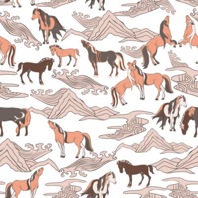 Papier peint à motif  Chevaux minimalistes dans les montagnes