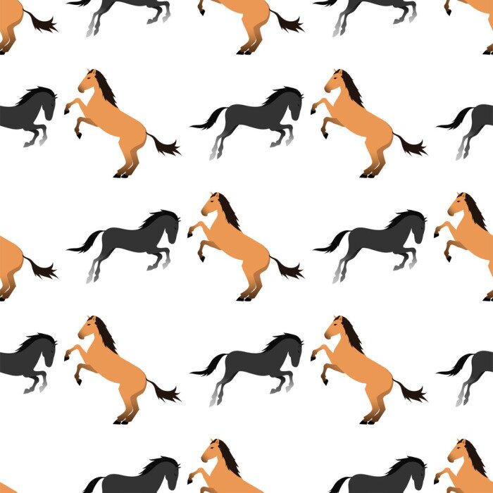 Papier peint à motif  Chevaux noirs et beiges sur fond blanc
