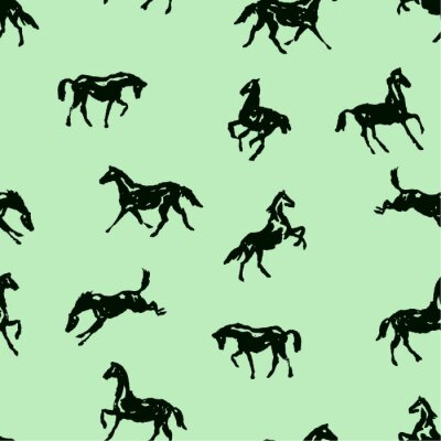 Papier peint à motif  Chevaux noirs sur fond vert