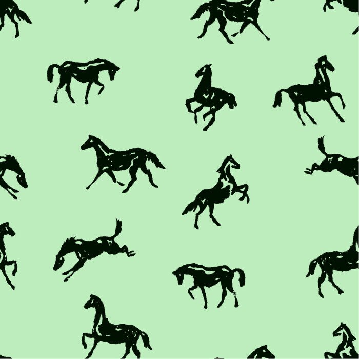 Papier peint à motif  Chevaux noirs sur fond vert