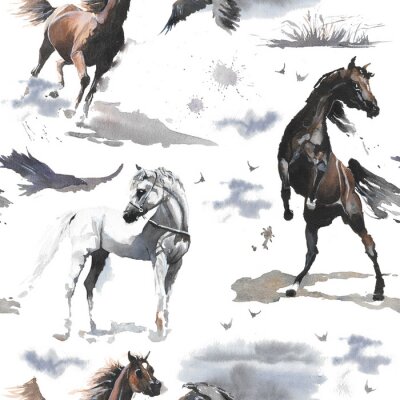 Papier peint à motif  Chevaux peints à l'aquarelle