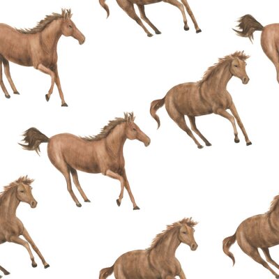 Papier peint à motif  Chevaux peints en brun sur fond blanc