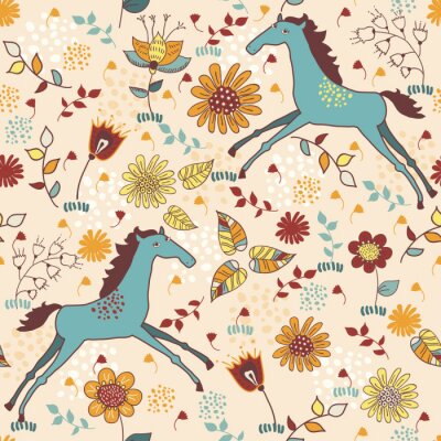 Papier peint à motif  Chevaux pour une fille avec des fleurs