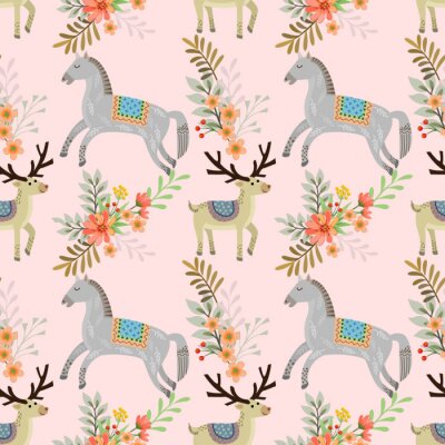 Papier peint à motif  Chevaux pour une fille et fleurs pastel